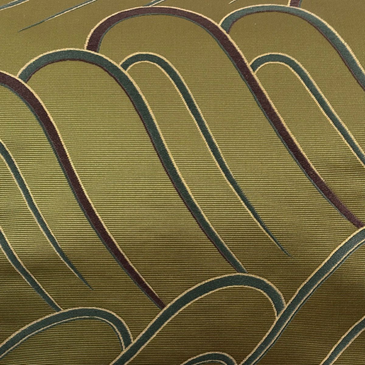【美品】 袋帶 名品級 波 刺繡 金金箔 鶯 綠 六通 純蠶絲