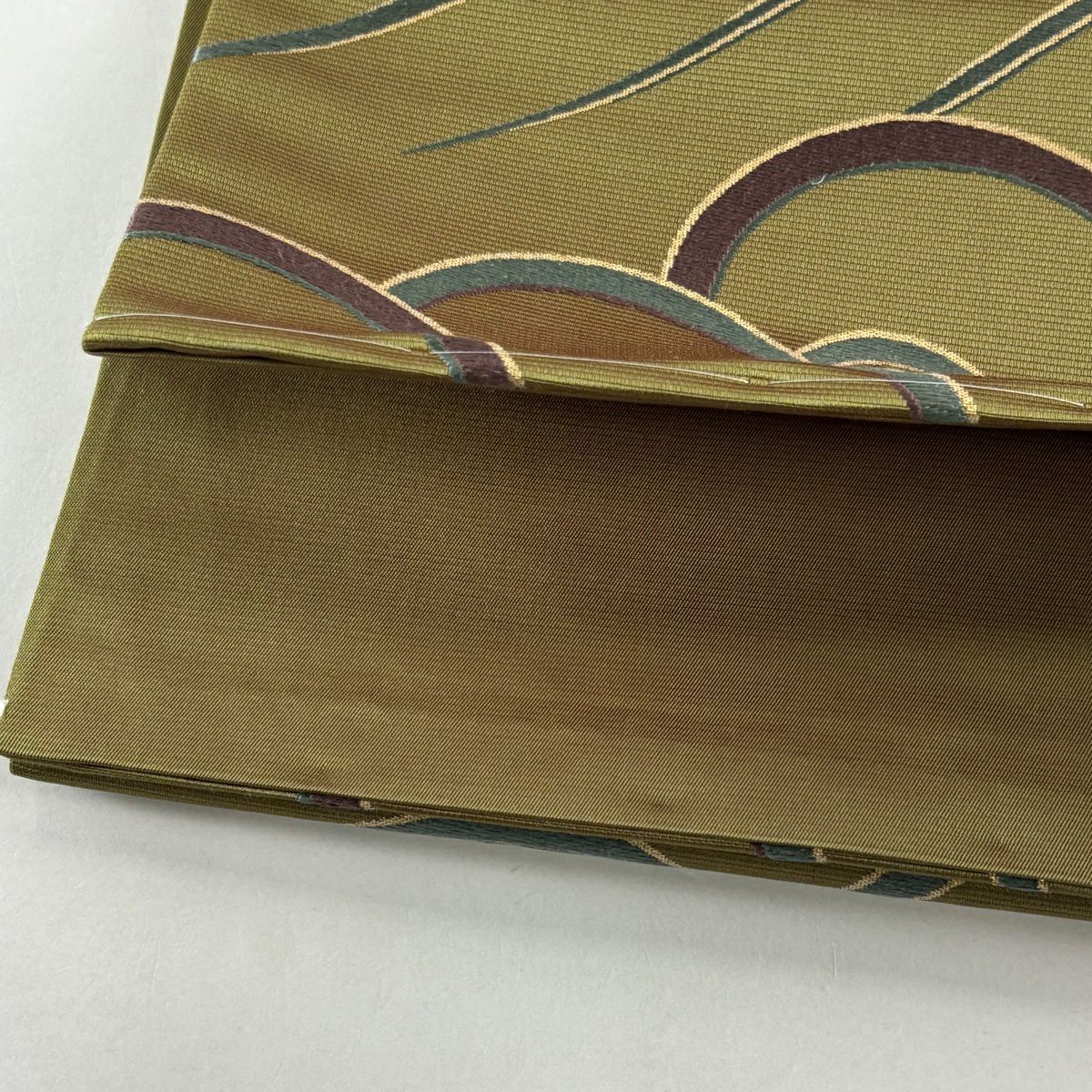 【美品】 袋帶 名品級 波 刺繡 金金箔 鶯 綠 六通 純蠶絲