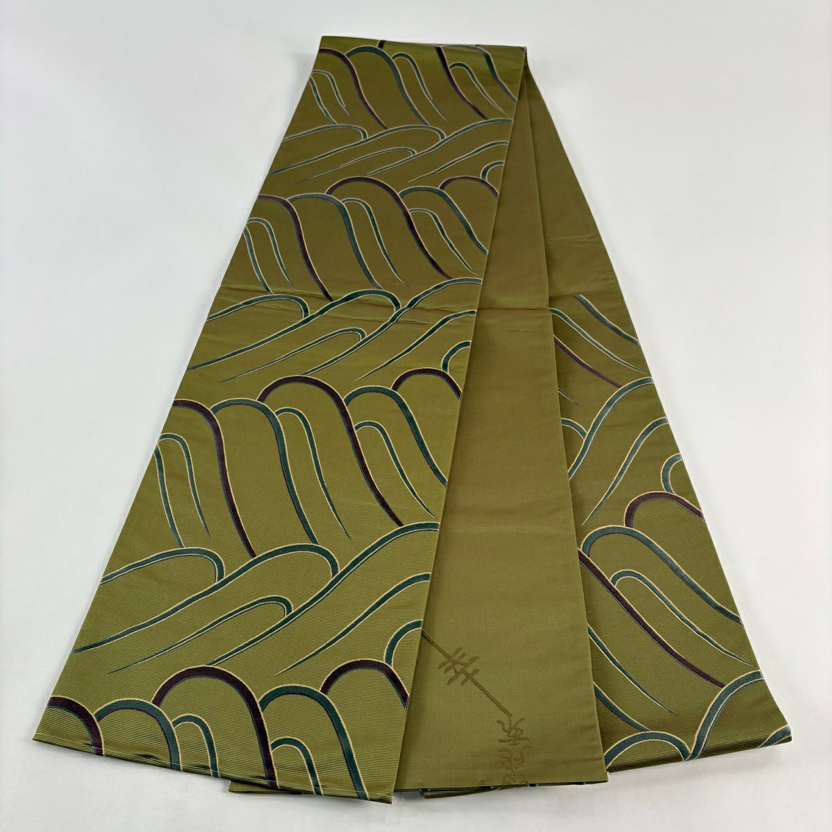 【美品】 袋帶 名品級 波 刺繡 金金箔 鶯 綠 六通 純蠶絲