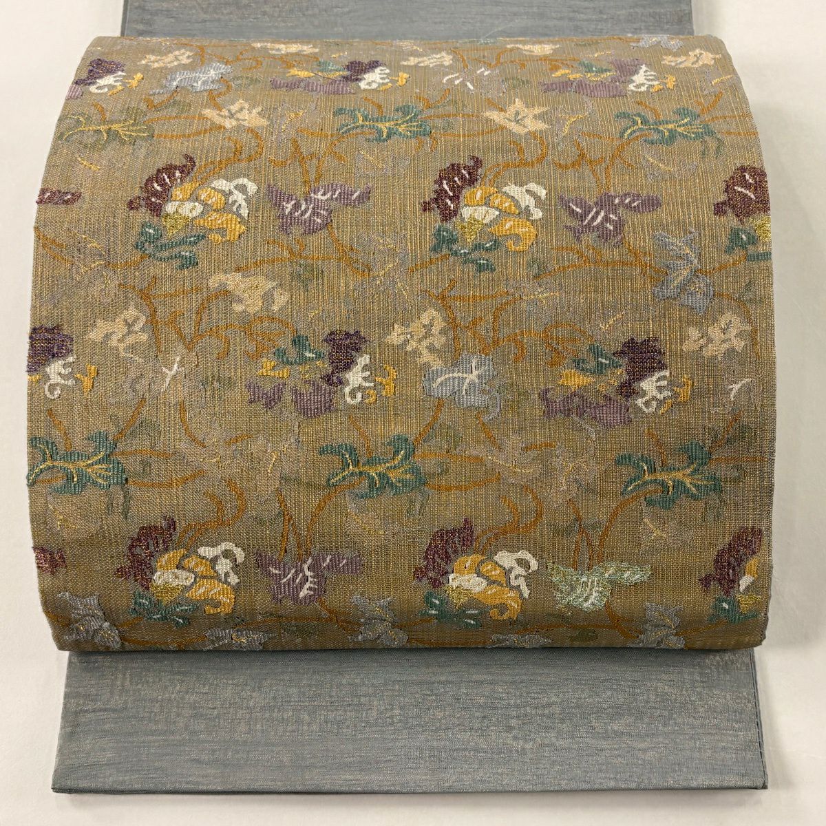 【美品】 袋帶 名品級 草花紋 金糸 青灰 純蠶絲 お太鼓柄