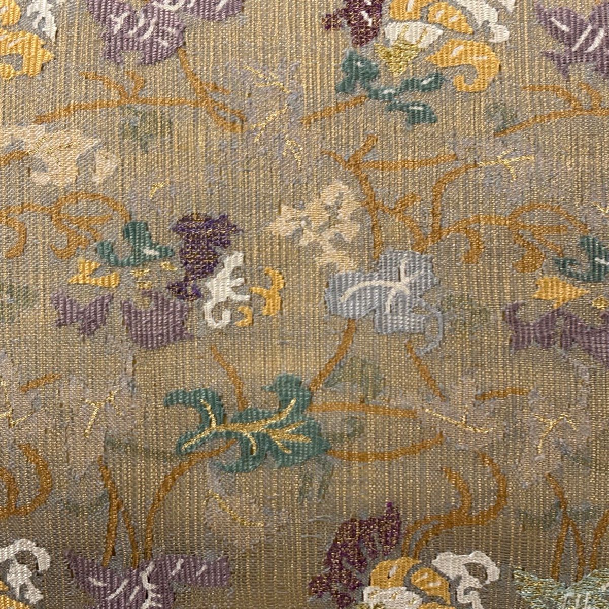 【美品】 袋帶 名品級 草花紋 金糸 青灰 純蠶絲 お太鼓柄