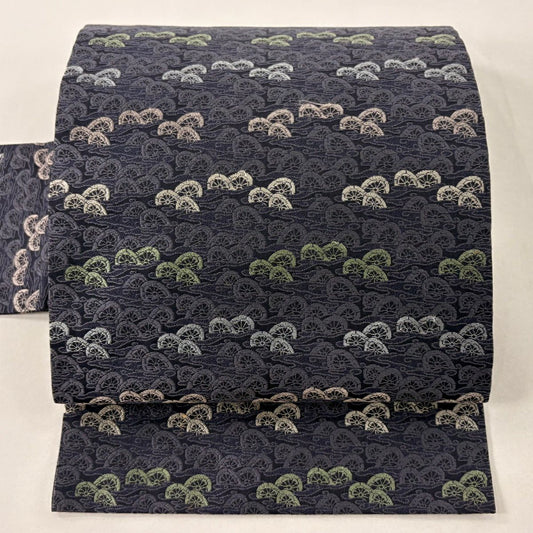 名古屋帶 名品級 片輪車 流水 刺繡 深藍 純蠶絲