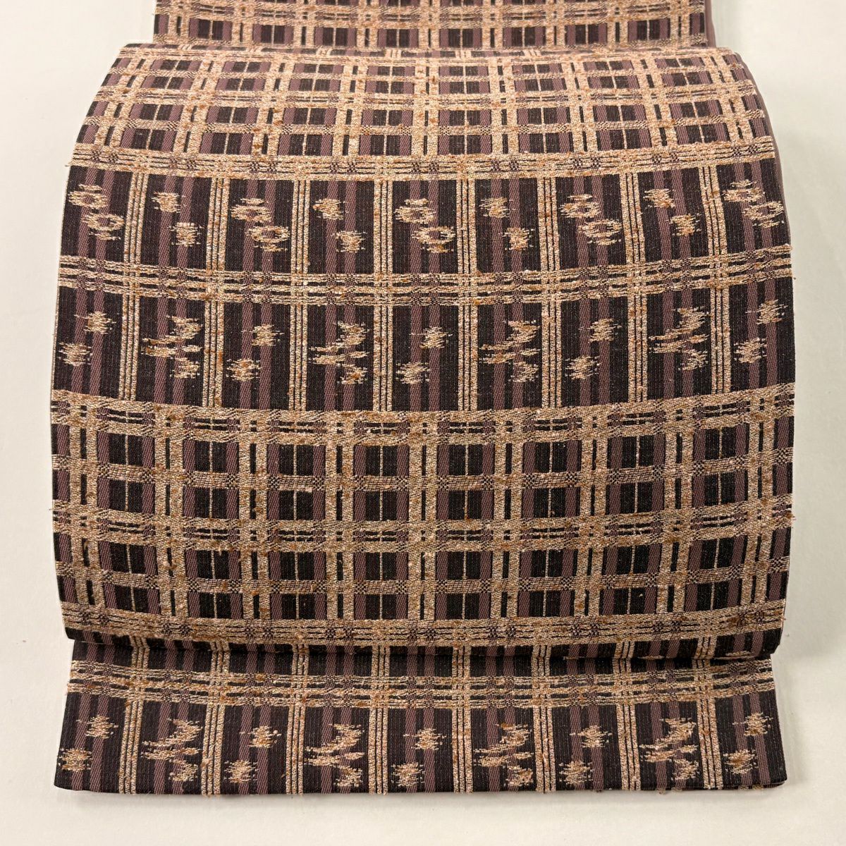 【美品】 袋帶 名品級 格子 燕 金絲 拉麵絲 紫 六通 純蠶絲