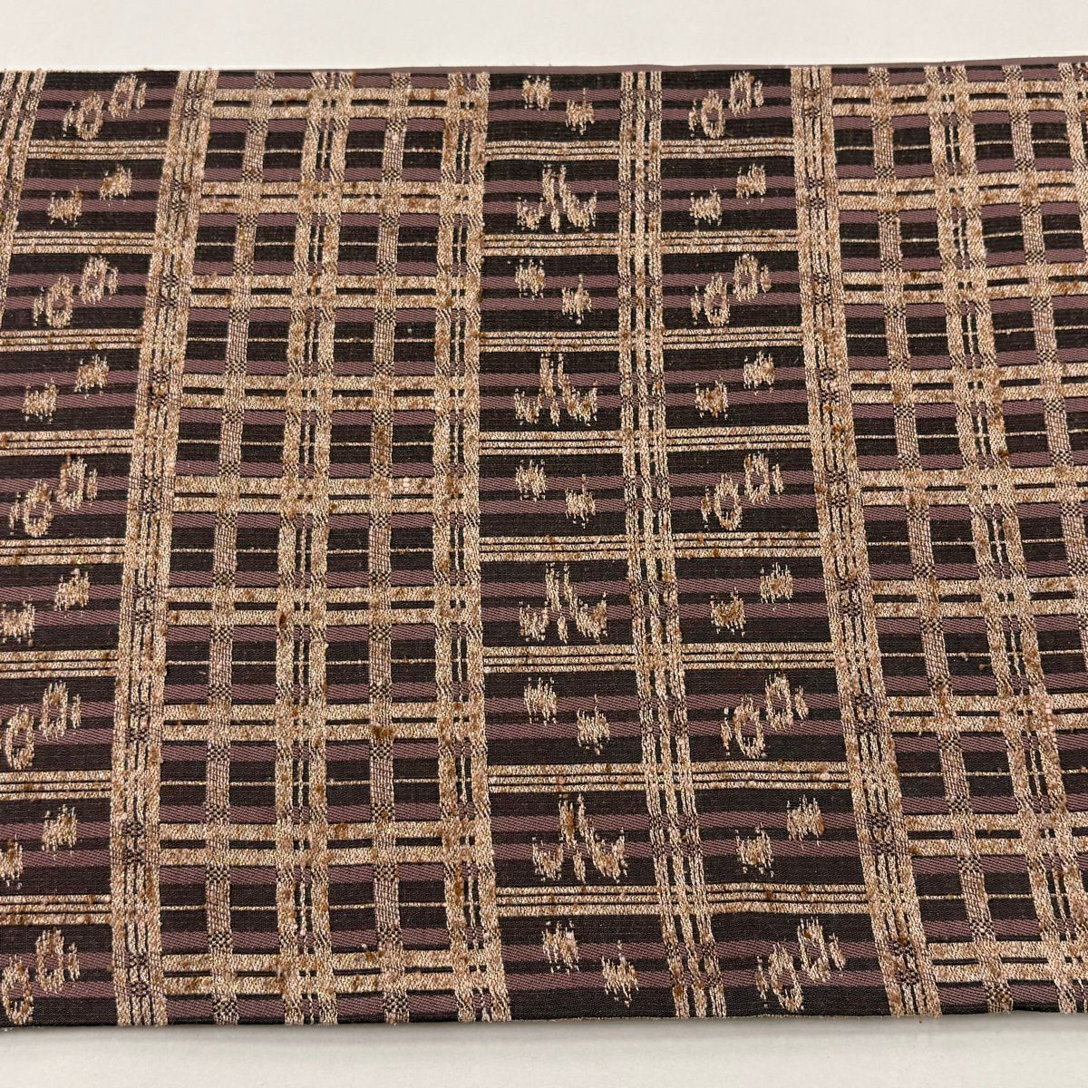 【美品】 袋帶 名品級 格子 燕 金絲 拉麵絲 紫 六通 純蠶絲