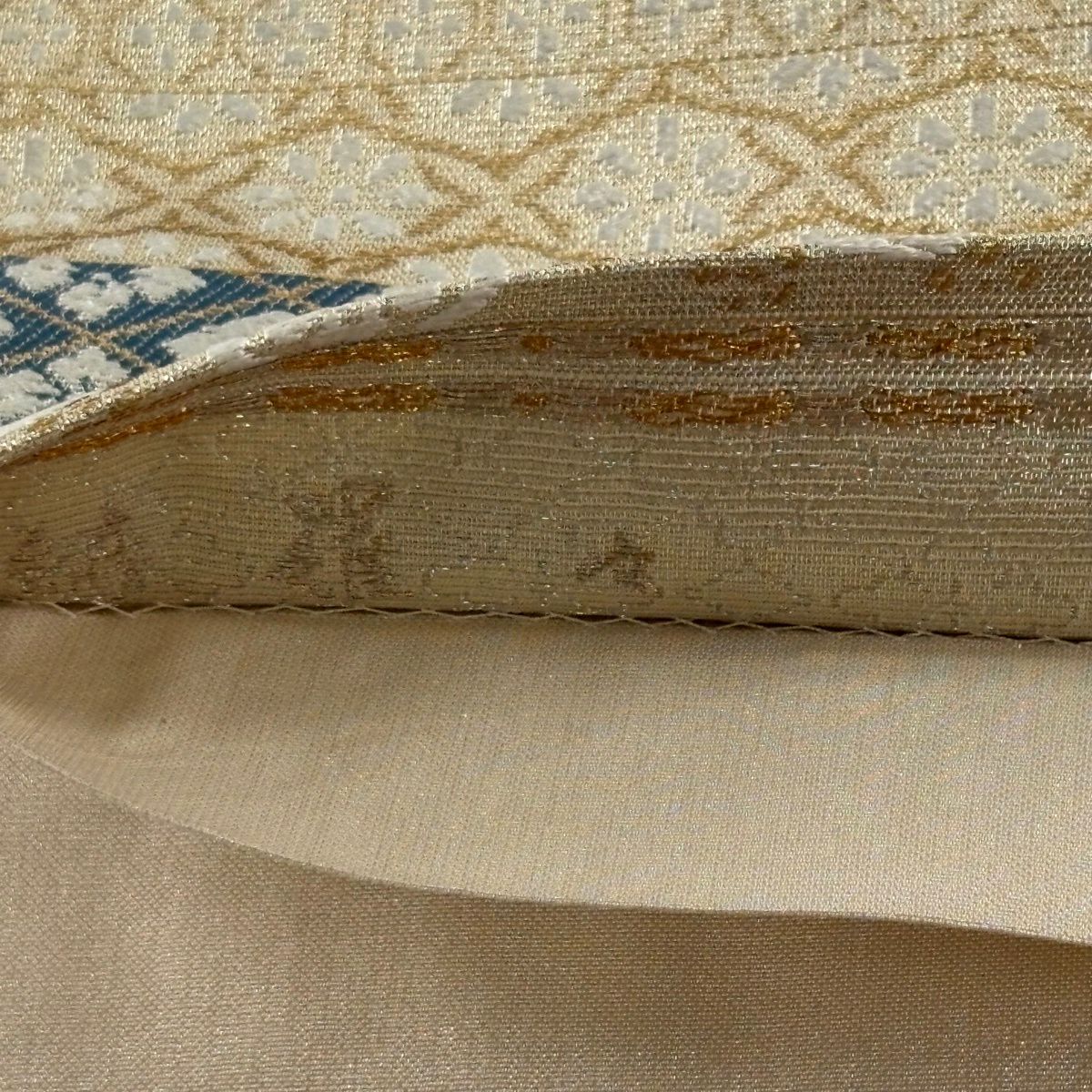 【美品】 袋帶 名品級 附落款 綺羅 縞 草花紋 金絲 金金箔 金色 六通 純蠶絲