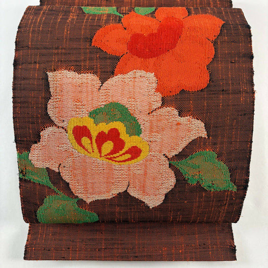 【美品】名古屋帶 優品級 八寸名古屋帶 松樹葉仕立 雙層 草花紋 紅 純蠶絲