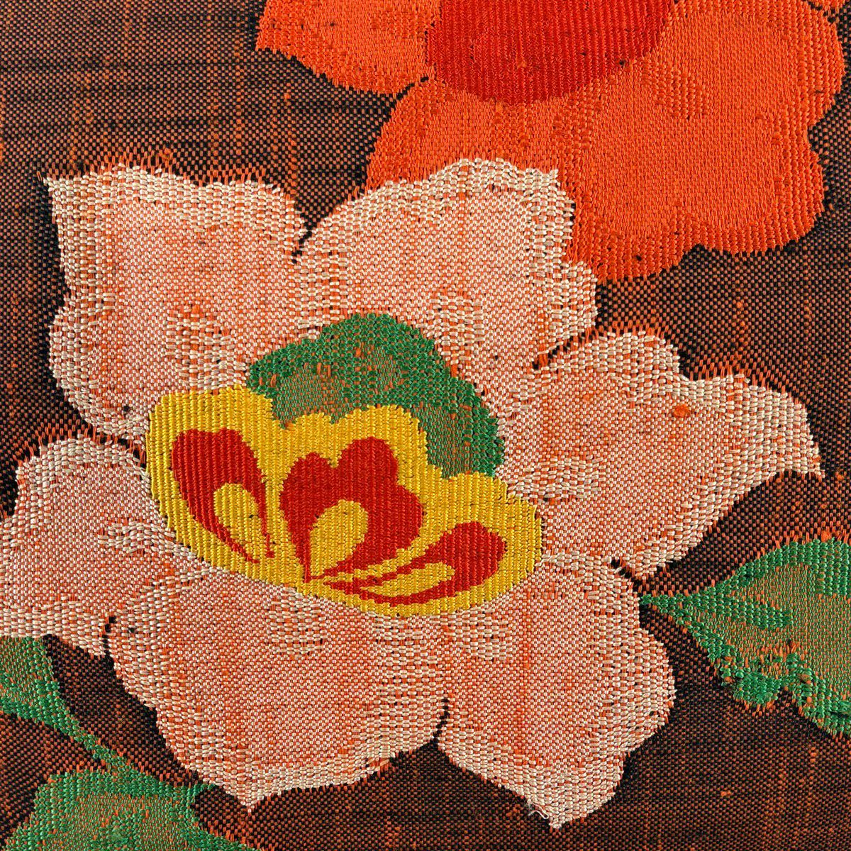 【美品】名古屋帶 優品級 八寸名古屋帶 松樹葉仕立 雙層 草花紋 紅 純蠶絲