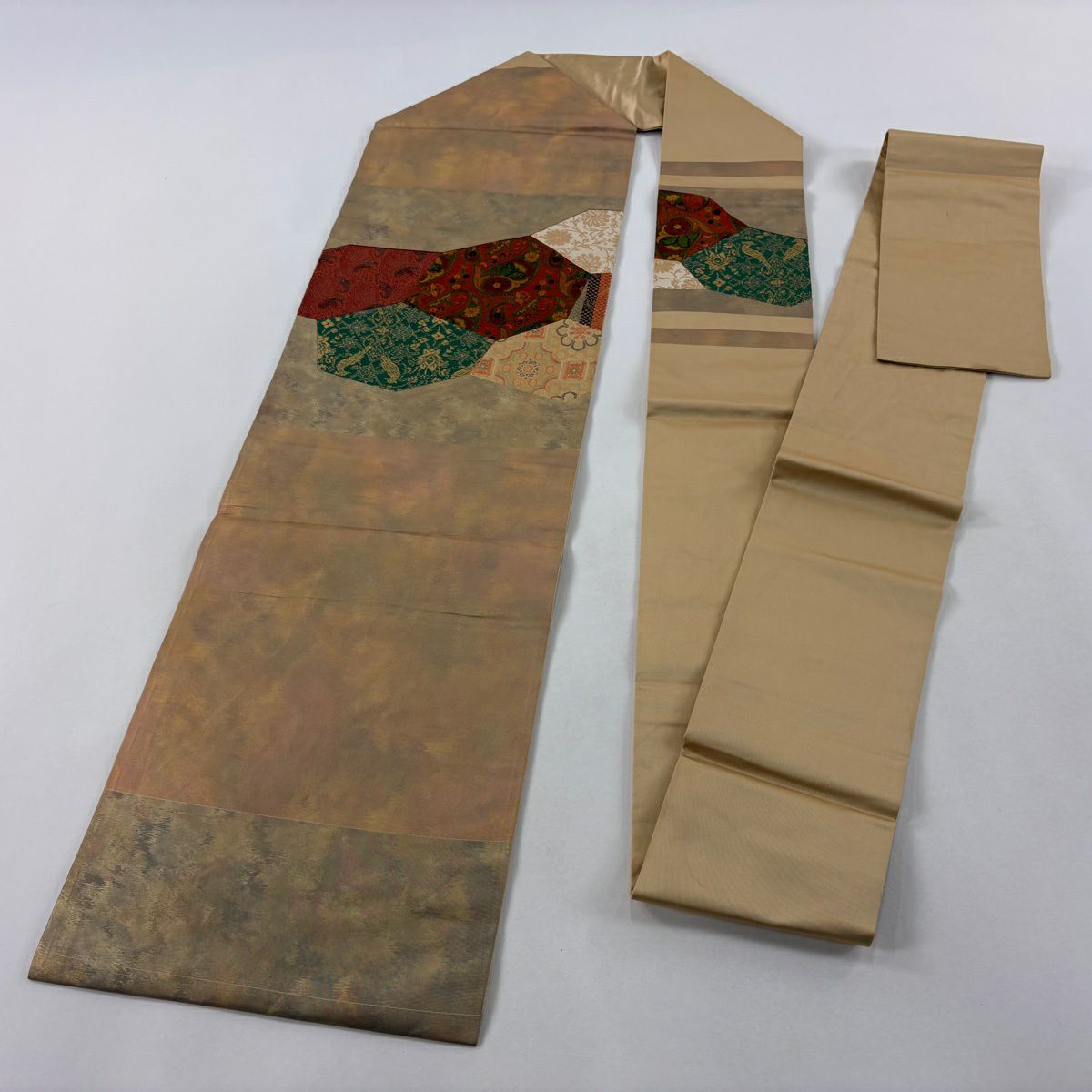 名古屋帶 優品級 關西仕立 草花紋 幾何學圖案 金線 切嵌 灰綠 純蠶絲