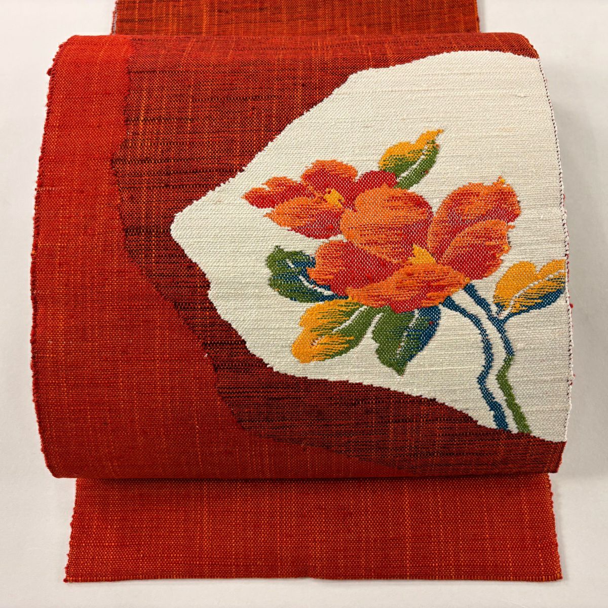 【美品】 名古屋帶 優品級 八寸名古屋帶 松樹葉仕立 草花紋紋 橙色 純蠶絲
