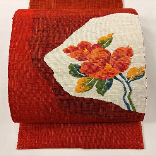 【美品】 名古屋帶 優品級 八寸名古屋帶 松樹葉仕立 草花紋紋 橙色 純蠶絲