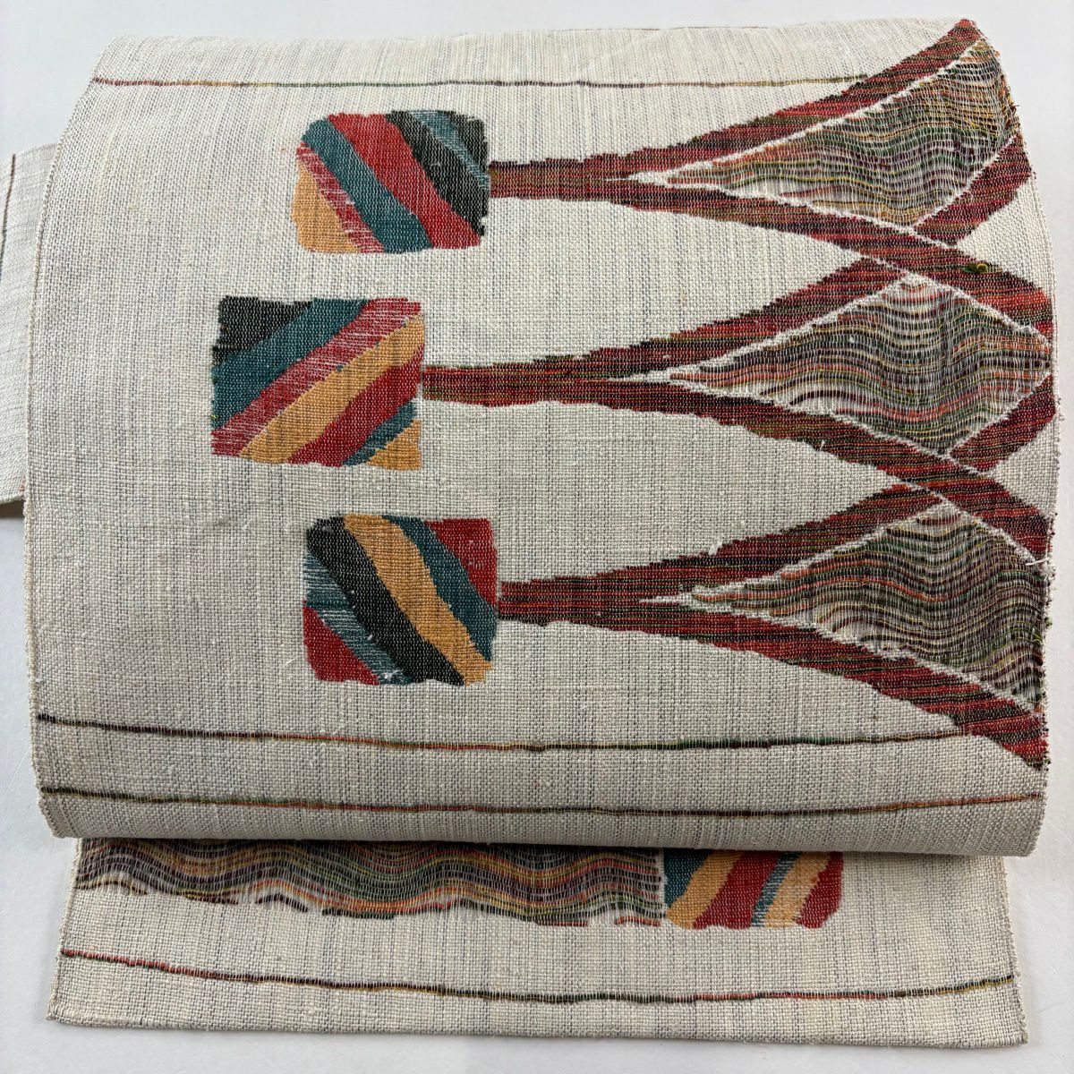 【美品】名古屋帶 秀品級 紬織織 八寸名古屋帶 關西仕立 幾何學 奶油色 純蠶絲