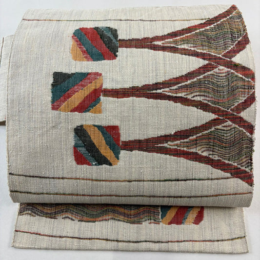 【美品】名古屋帶 秀品級 紬織織 八寸名古屋帶 關西仕立 幾何學 奶油色 純蠶絲