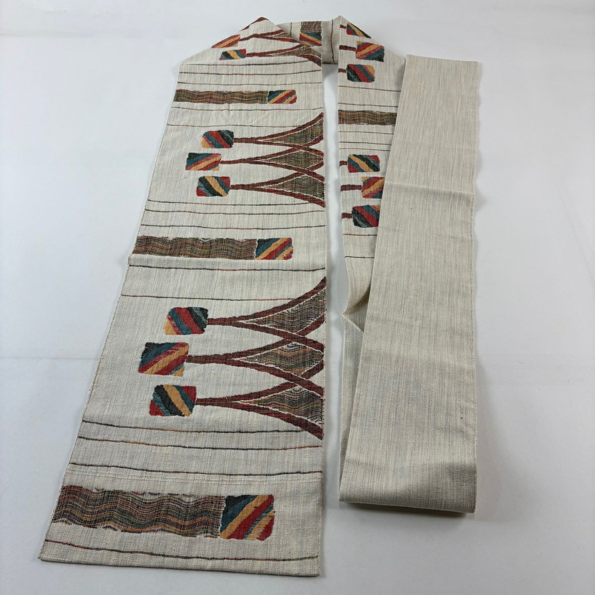 【美品】名古屋帶 秀品級 紬織織 八寸名古屋帶 關西仕立 幾何學 奶油色 純蠶絲