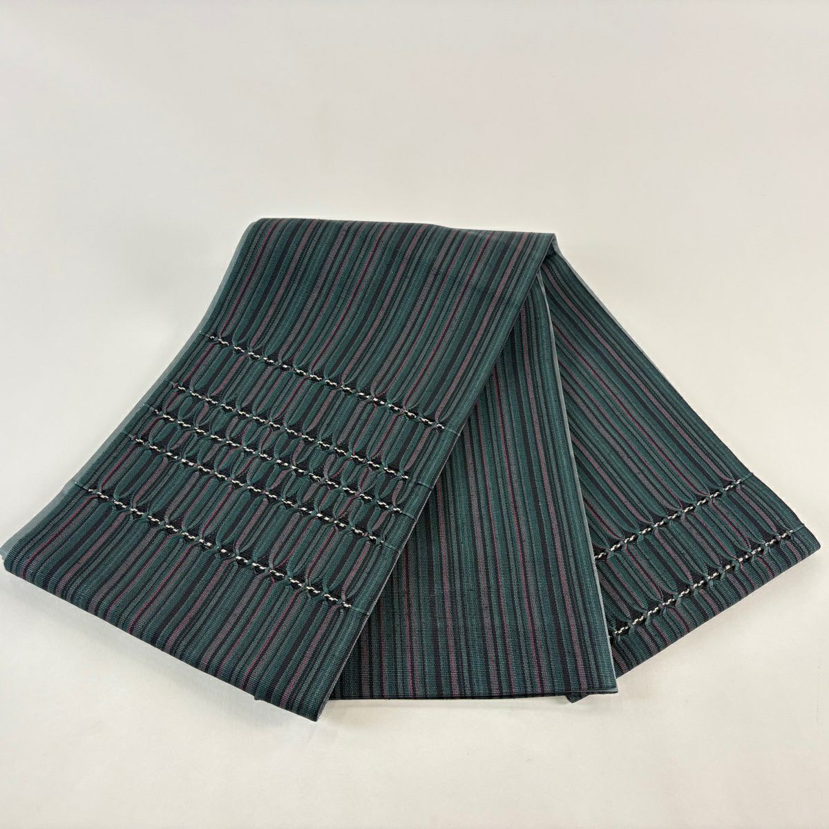 【美品】 袋帶 秀品級 幾何圖案 條紋 深綠 大鼓圖案 純蠶絲