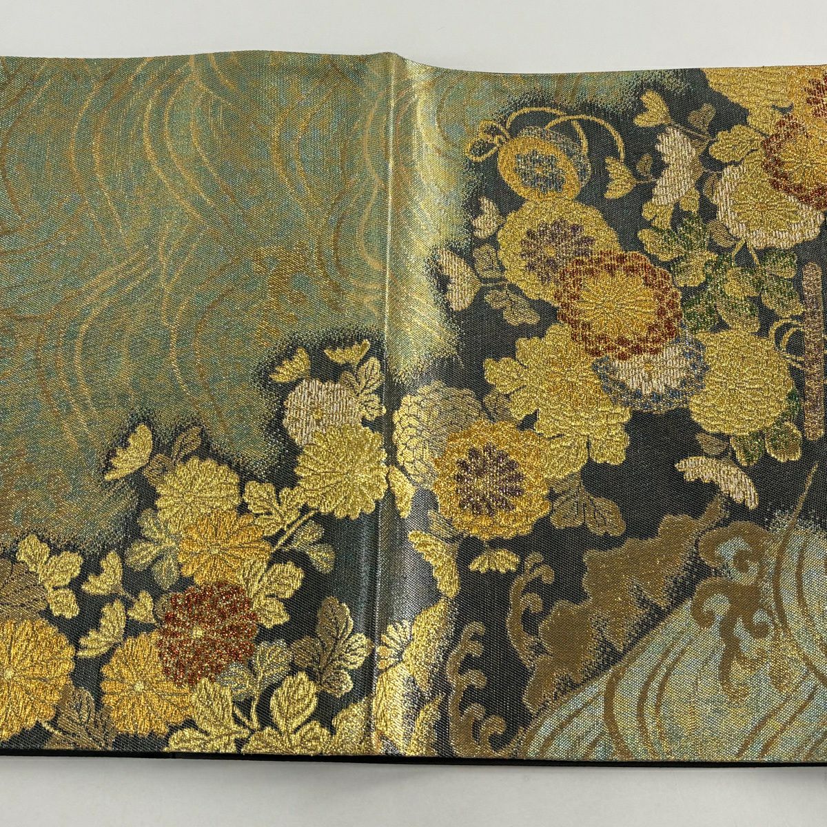 【美品】 袋帶 秀品級 菊花 波 金絲 金金箔 金 六通 純蠶絲
