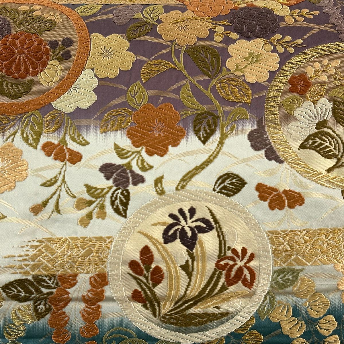 袋帶 秀品級 鎌倉文 草花紋 金糸 金金箔 濃紫 六通 純蠶絲
