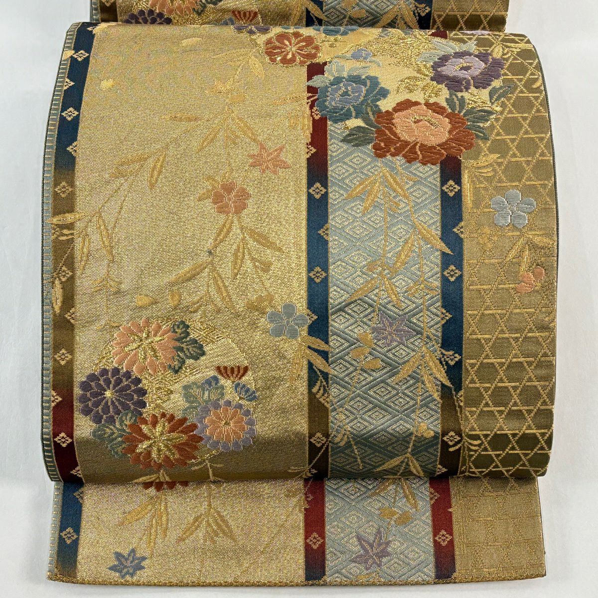 袋帶 秀品級 花丸紋 菱 金金箔 金絲 金 六通 純蠶絲