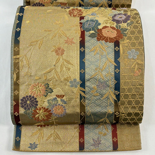 袋帶 秀品級 花丸紋 菱 金金箔 金絲 金 六通 純蠶絲