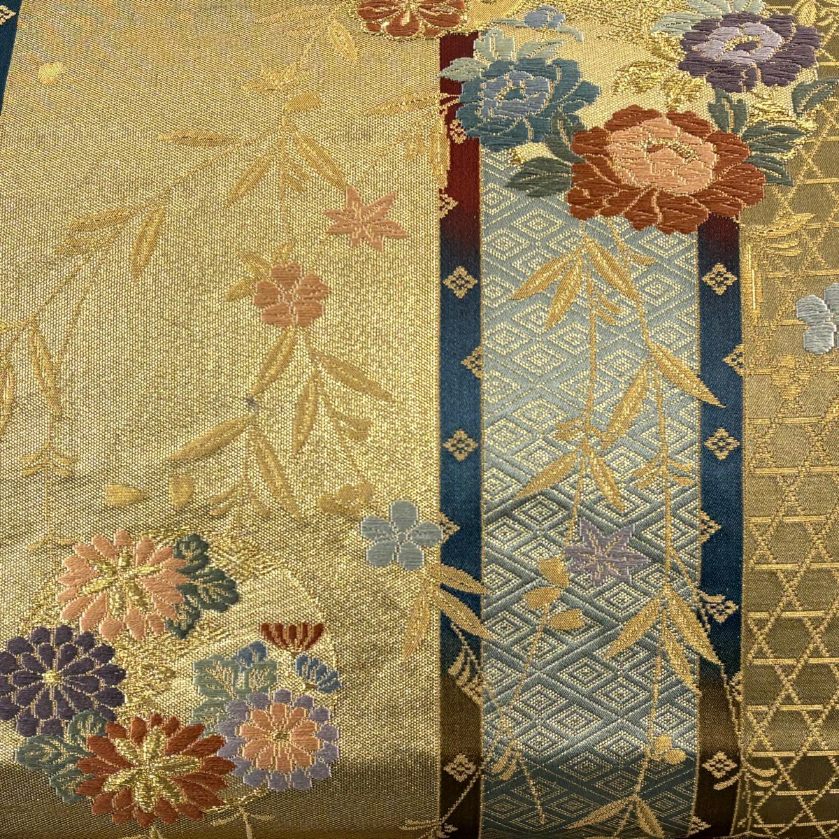 袋帶 秀品級 花丸紋 菱 金金箔 金絲 金 六通 純蠶絲