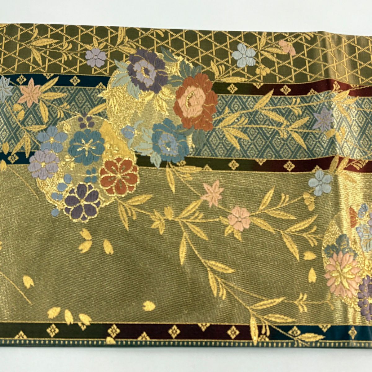 袋帶 秀品級 花丸紋 菱 金金箔 金絲 金 六通 純蠶絲