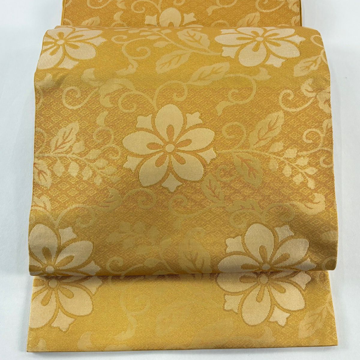 【美品】 袋帶 秀品級 花唐草紋 菱 金絲 山吹 深藍 六通 純蠶絲