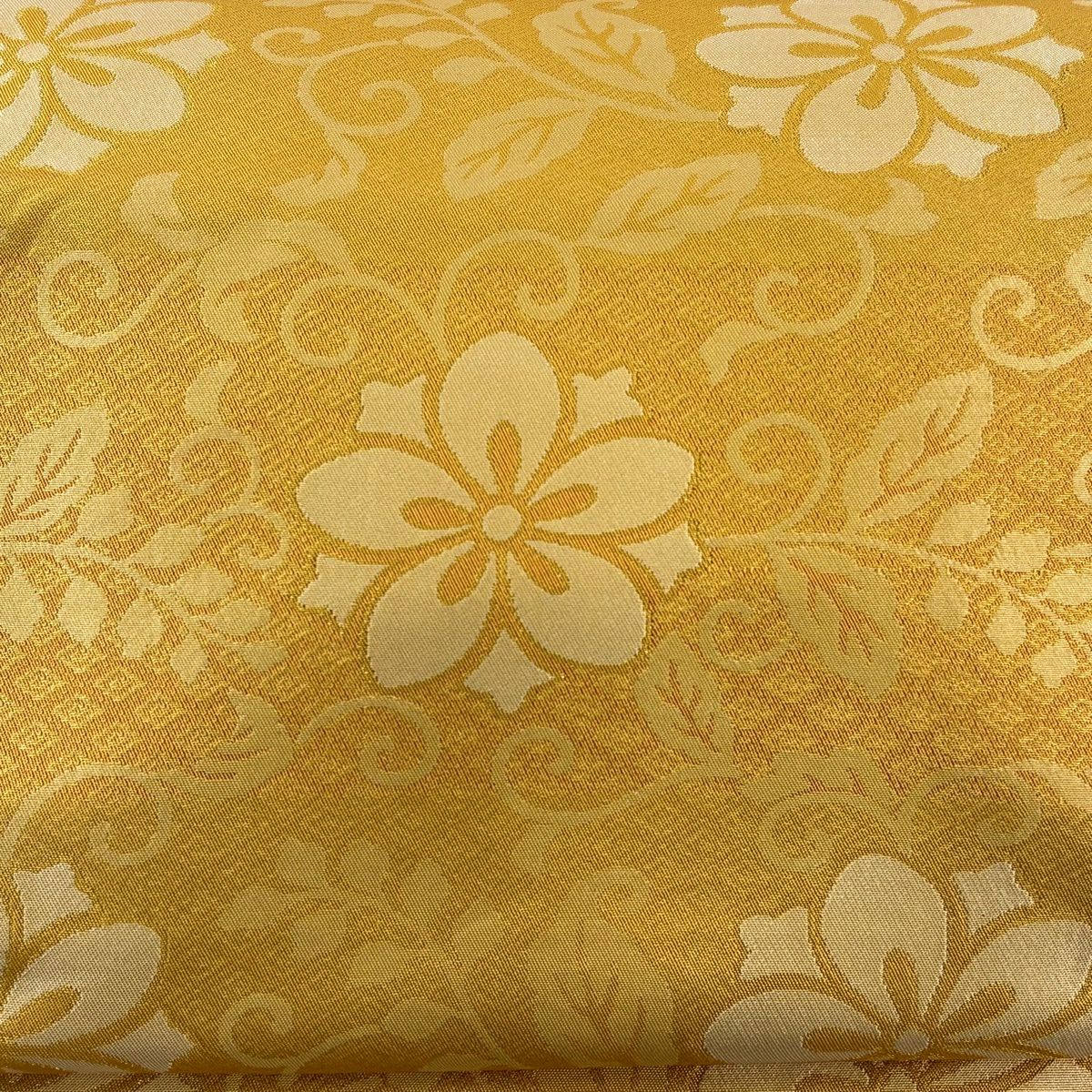 【美品】 袋帶 秀品級 花唐草紋 菱 金絲 山吹 深藍 六通 純蠶絲