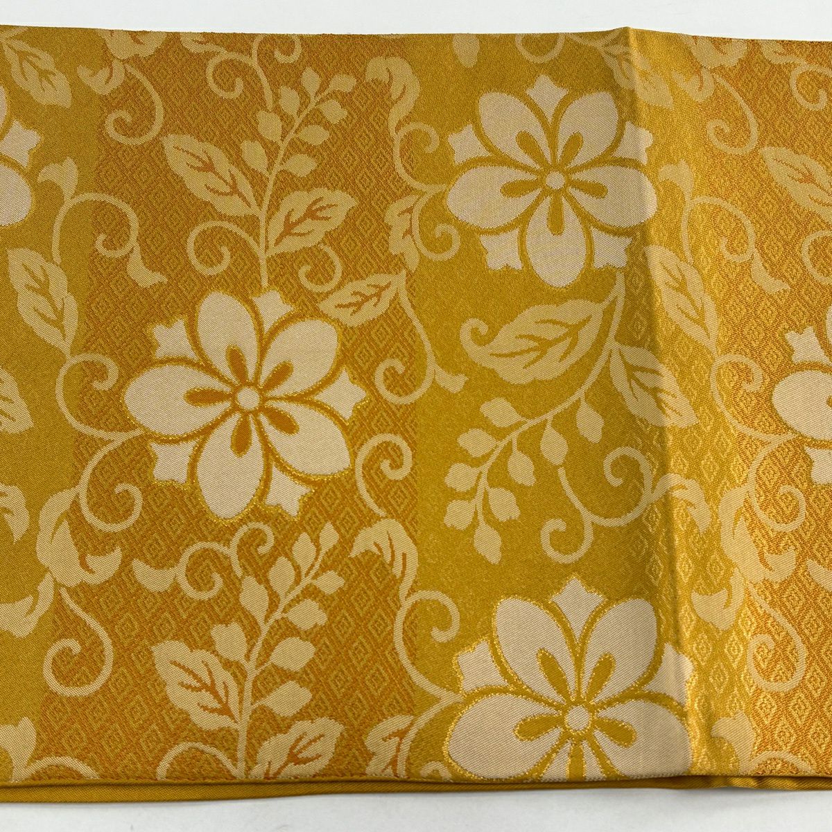 【美品】 袋帶 秀品級 花唐草紋 菱 金絲 山吹 深藍 六通 純蠶絲