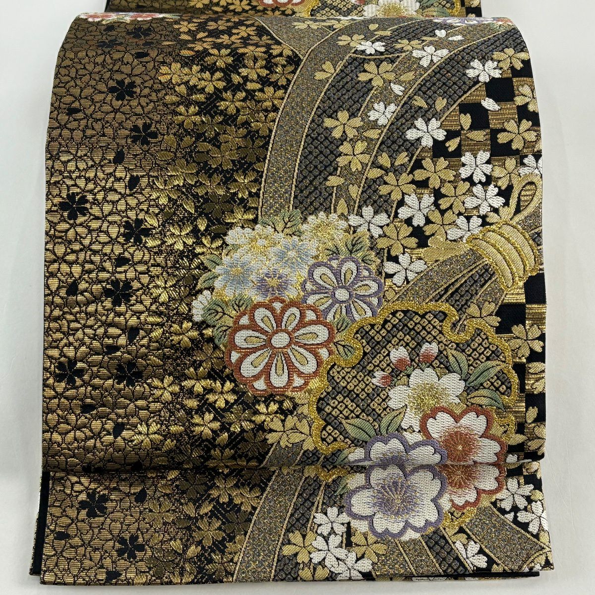 【美品】 袋帶 秀品級 雪輪 櫻花 金金箔 金色 六通 純蠶絲