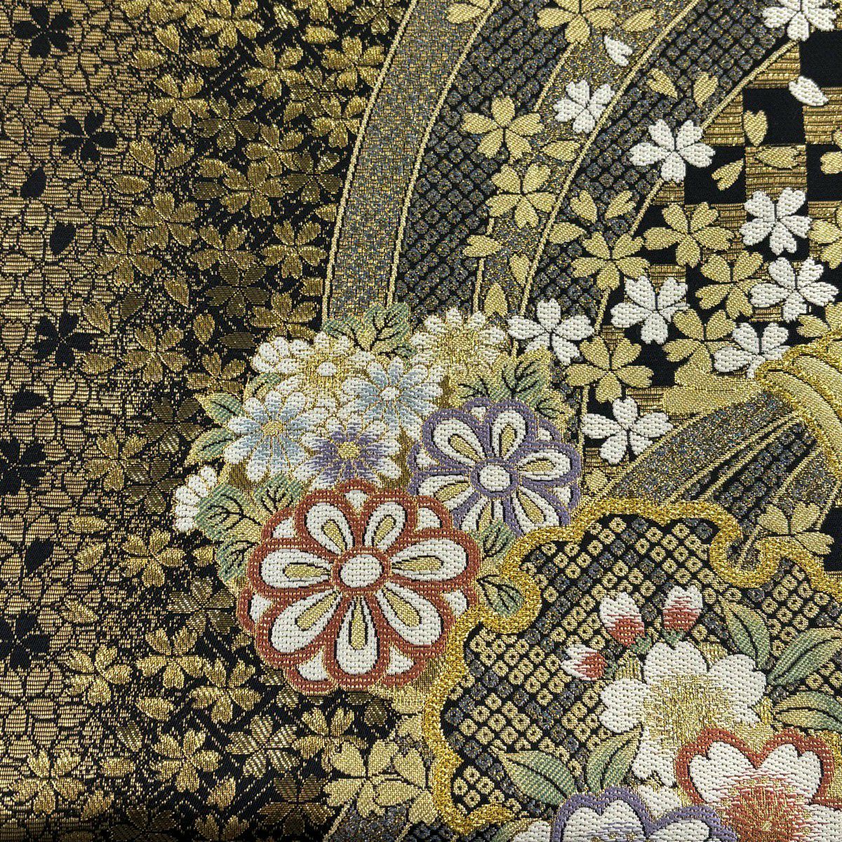 【美品】 袋帶 秀品級 雪輪 櫻花 金金箔 金色 六通 純蠶絲