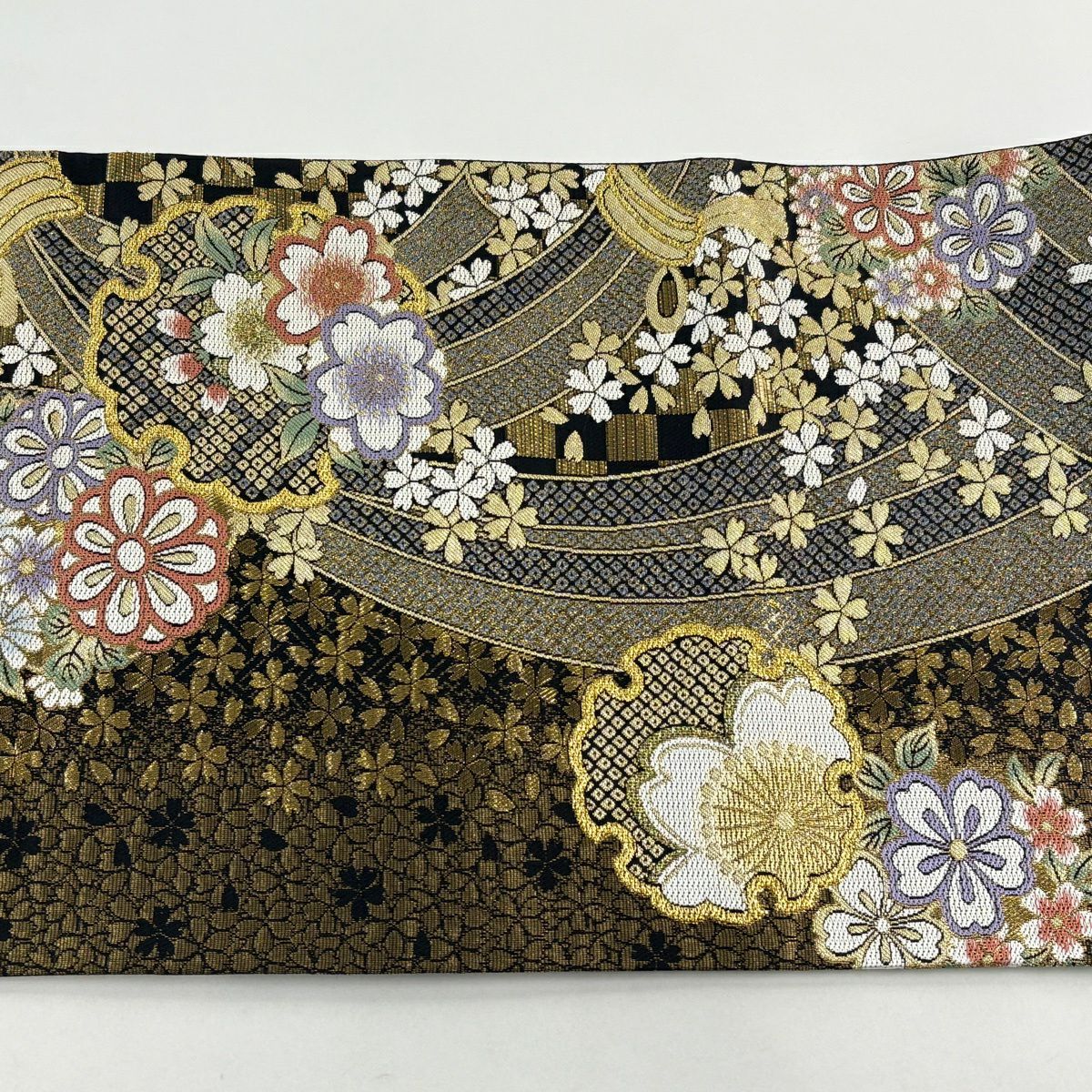 【美品】 袋帶 秀品級 雪輪 櫻花 金金箔 金色 六通 純蠶絲