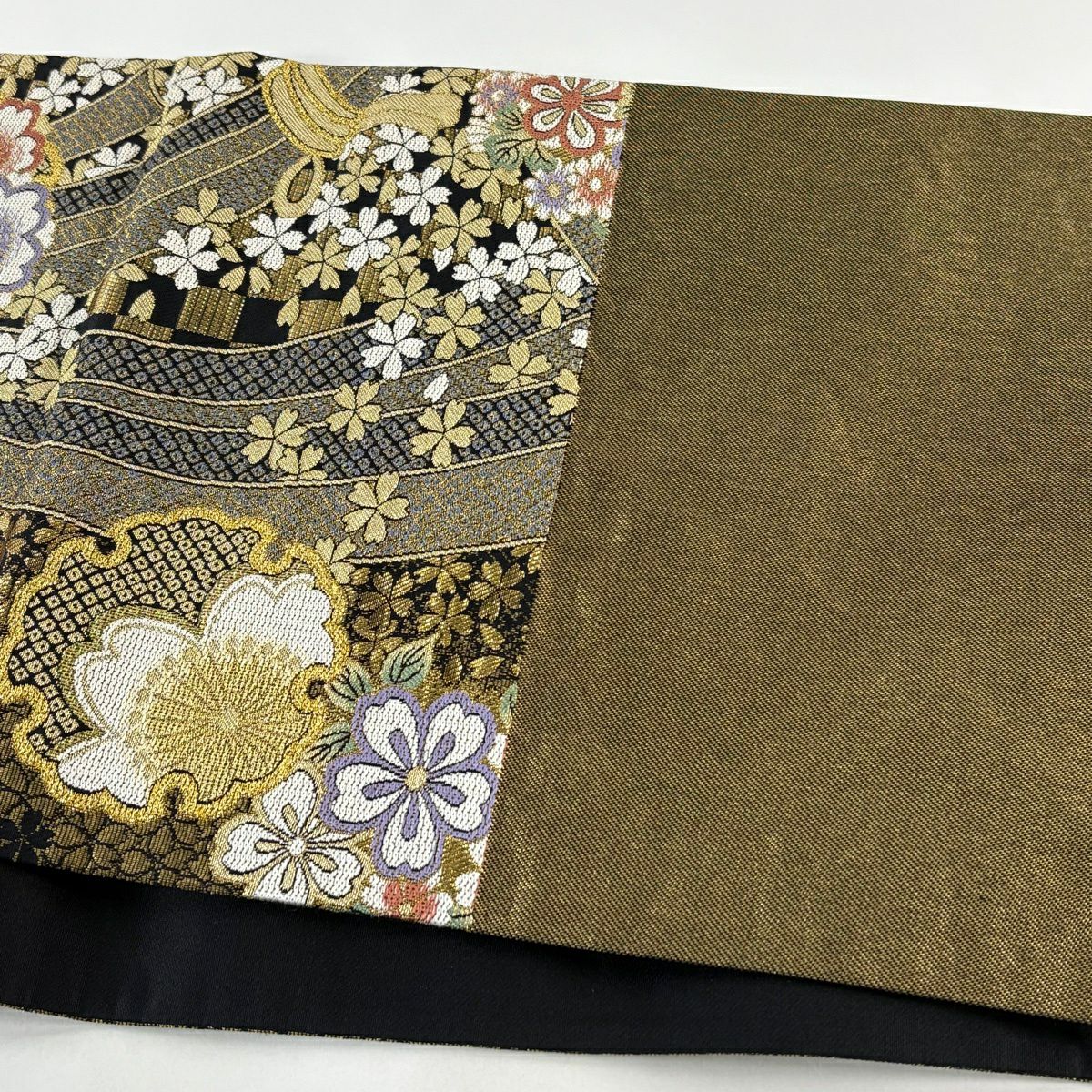 【美品】 袋帶 秀品級 雪輪 櫻花 金金箔 金色 六通 純蠶絲