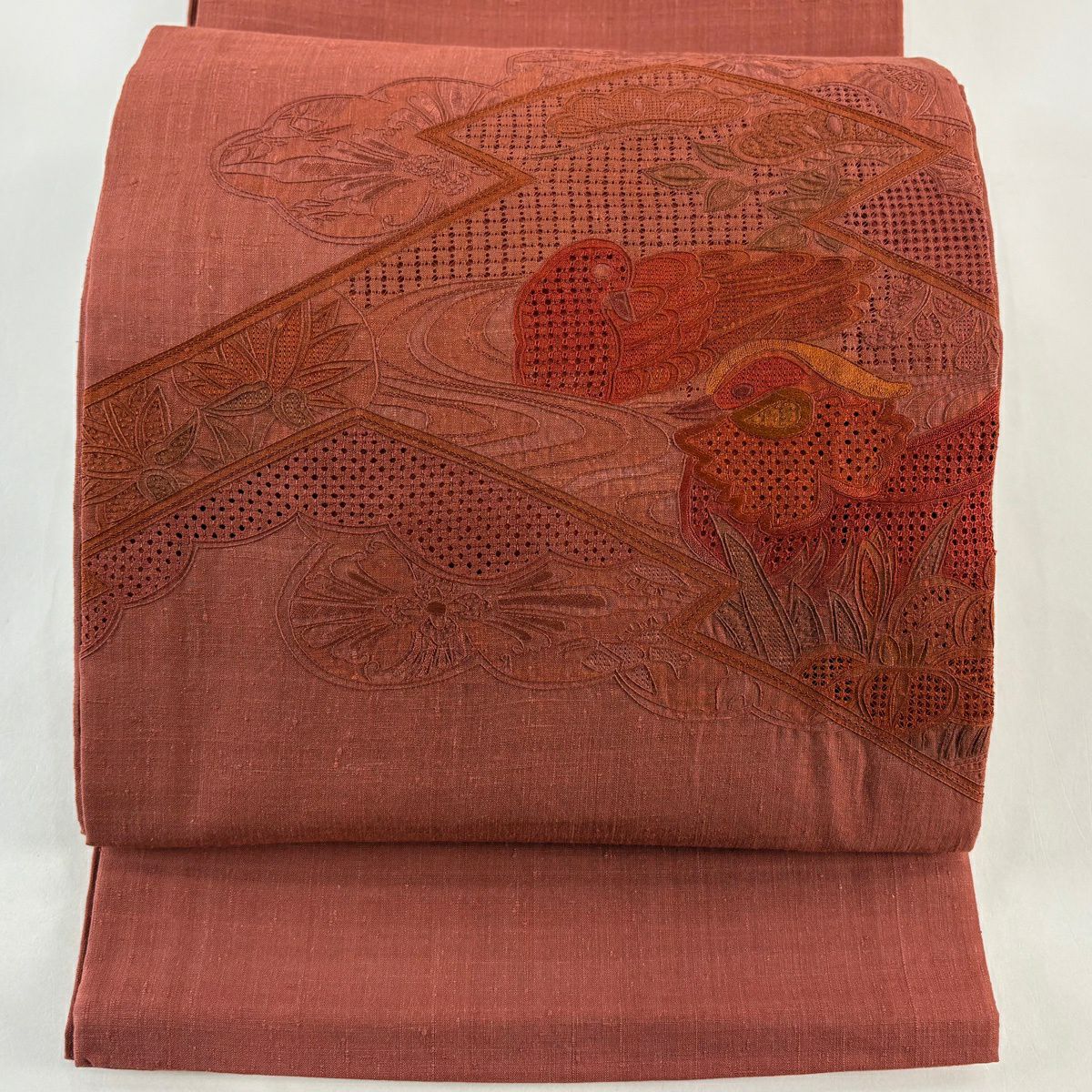 【美品】 袋帶 秀品級 紬織織 鴛鴦 草花紋紋 刺繡 紅茶 お太鼓柄 純蠶絲