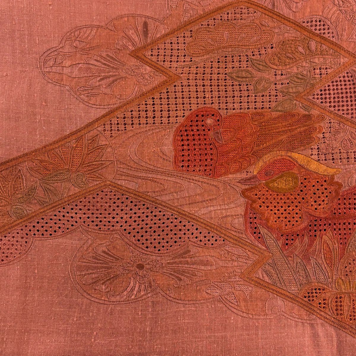 【美品】 袋帶 秀品級 紬織織 鴛鴦 草花紋紋 刺繡 紅茶 お太鼓柄 純蠶絲