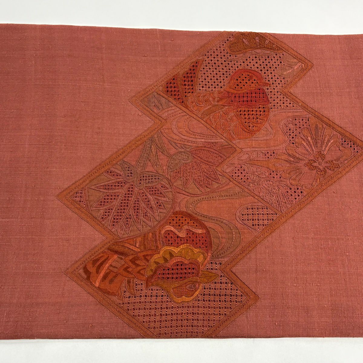 【美品】 袋帶 秀品級 紬織織 鴛鴦 草花紋紋 刺繡 紅茶 お太鼓柄 純蠶絲