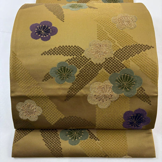 袋帶 秀品級 竹子 梅花 金絲 黃土色 六通 純蠶絲
