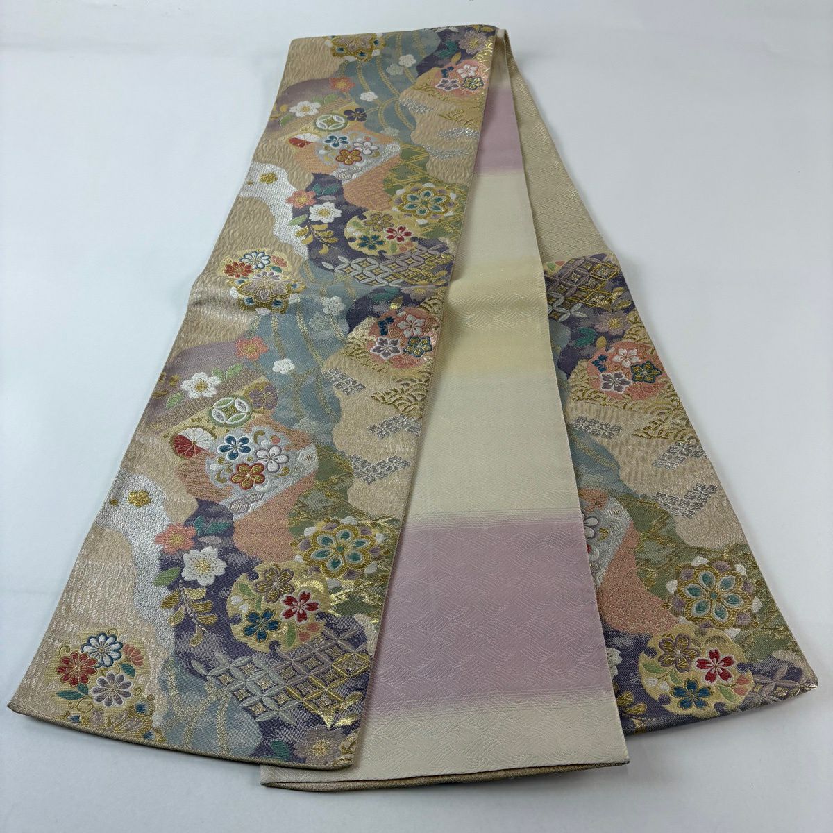 袋帶 秀品級 華紋 有職紋樣 金銀絲 金金箔 淺紫 六通 純蠶絲