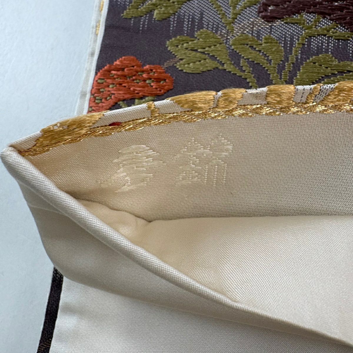 【美品】 袋帶 秀品級 中秋麗花紋 金金箔 灰紫 六通 純蠶絲