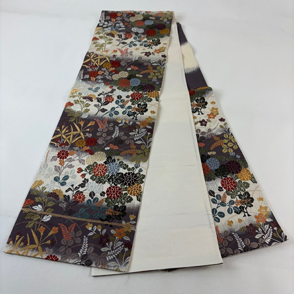 【美品】 袋帶 秀品級 中秋麗花紋 金金箔 灰紫 六通 純蠶絲