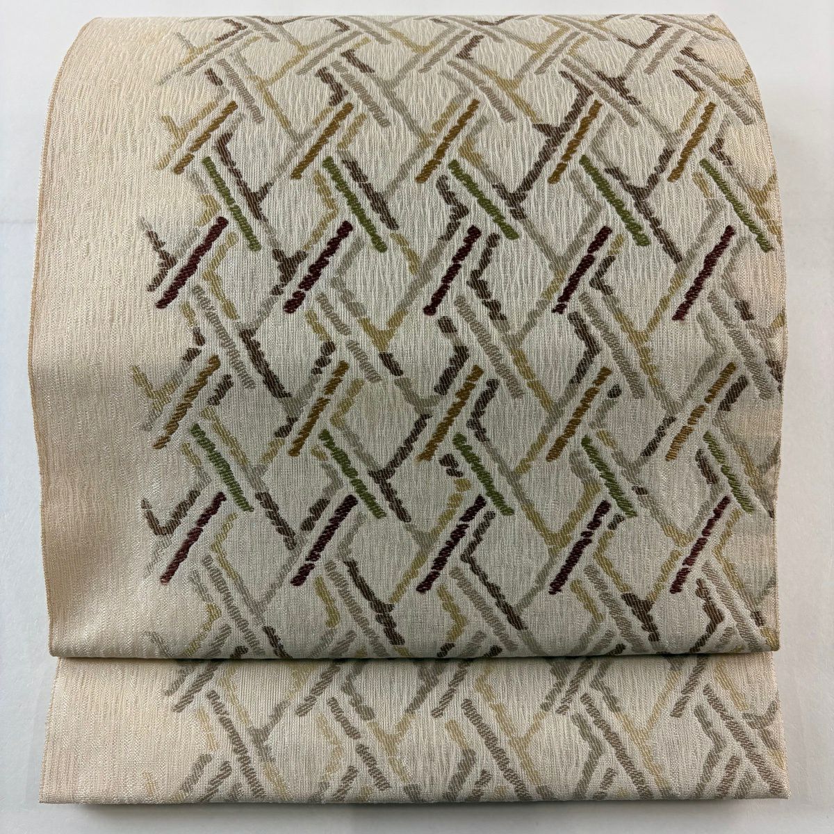 【美品】 袋帶 秀品級 幾何學 米色 大鼓圖案 純蠶絲