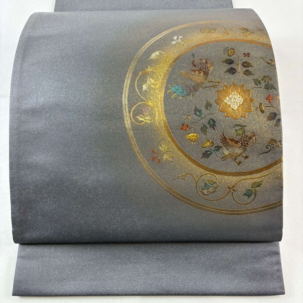 【美品】 袋帶 秀品級 鳥 草花紋紋 金金箔 金彩裝飾 灰紫 お太鼓柄 純蠶絲