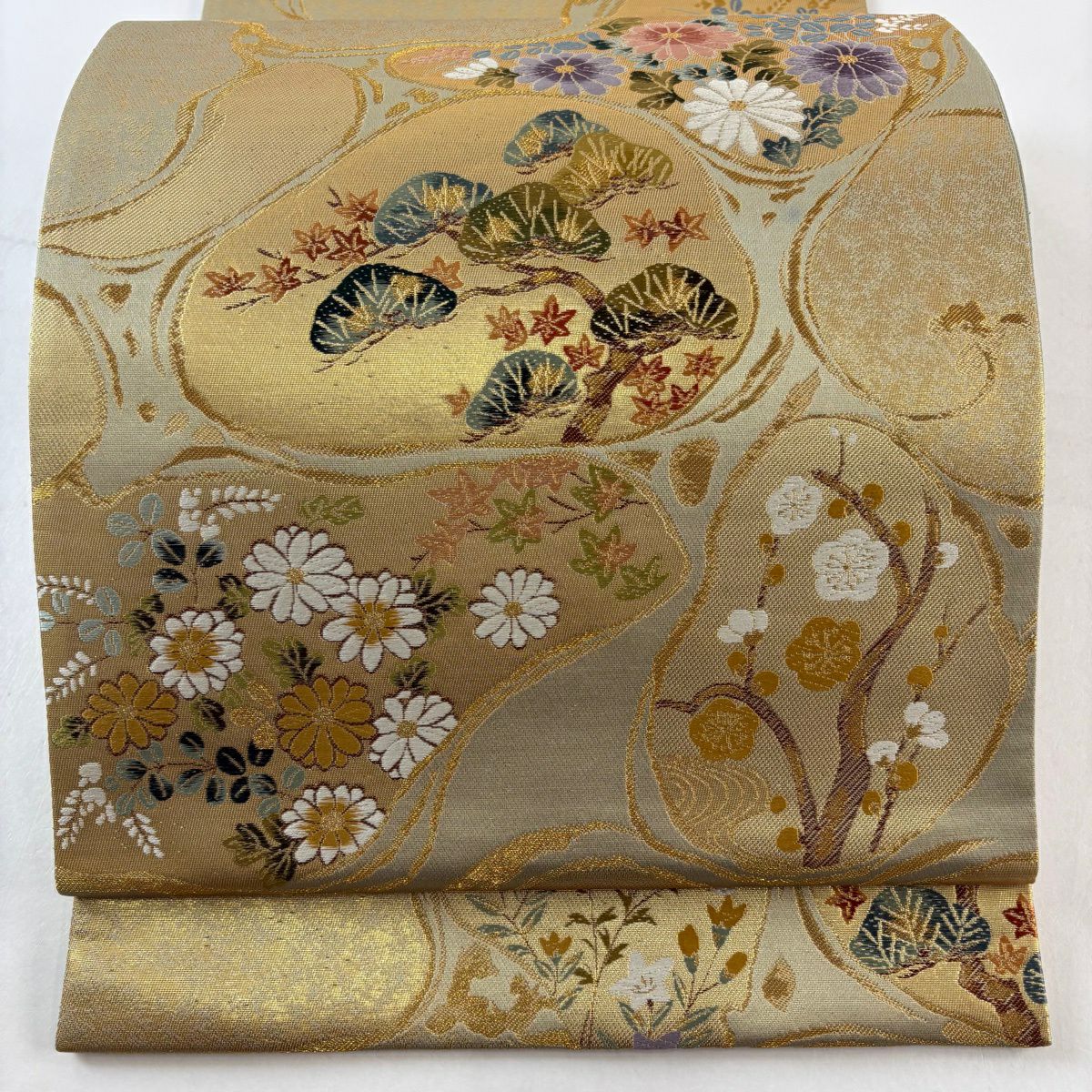【美品】 袋帶 秀品級 松樹 菊花 金絲 金金箔 金色 六通 純蠶絲