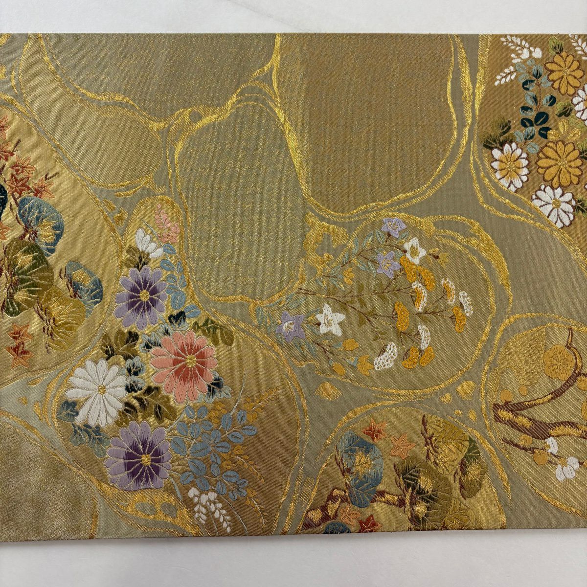 【美品】 袋帶 秀品級 松樹 菊花 金絲 金金箔 金色 六通 純蠶絲