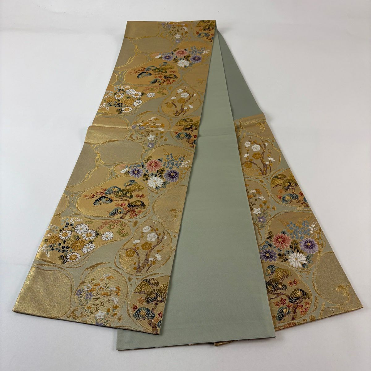 【美品】 袋帶 秀品級 松樹 菊花 金絲 金金箔 金色 六通 純蠶絲