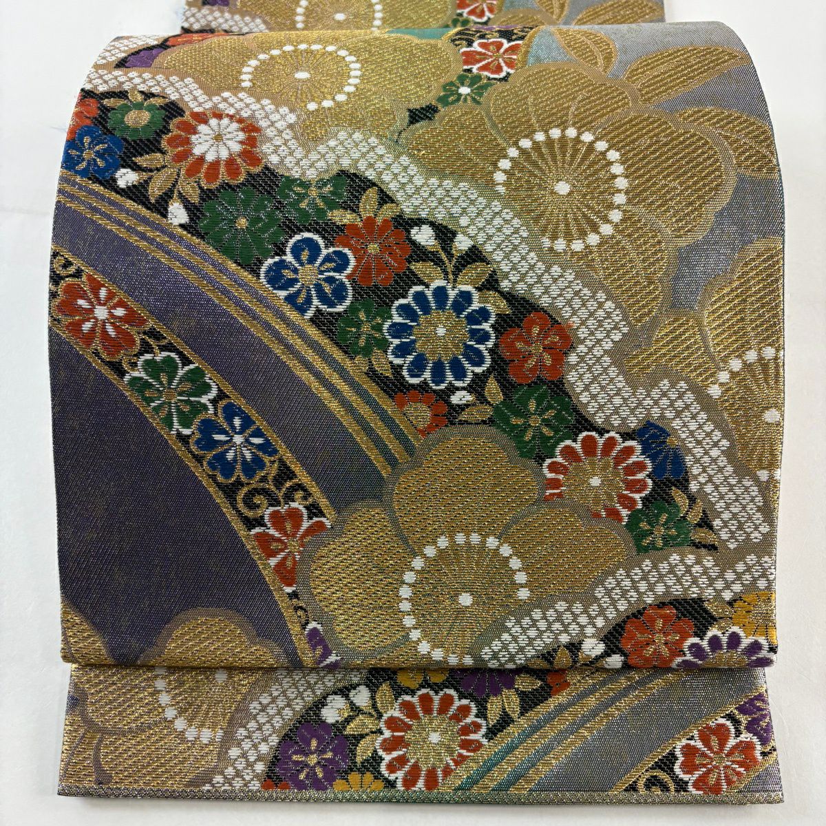 【美品】 袋帶 秀品級櫻花菊花金絲金金箔紫六通純蠶絲
