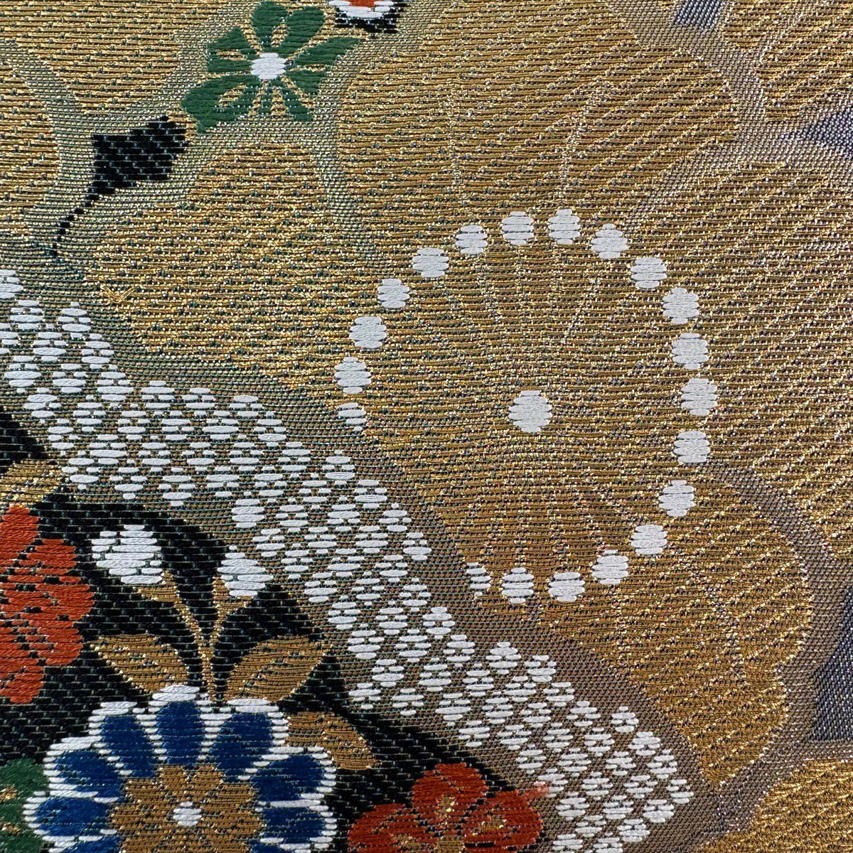【美品】 袋帶 秀品級櫻花菊花金絲金金箔紫六通純蠶絲