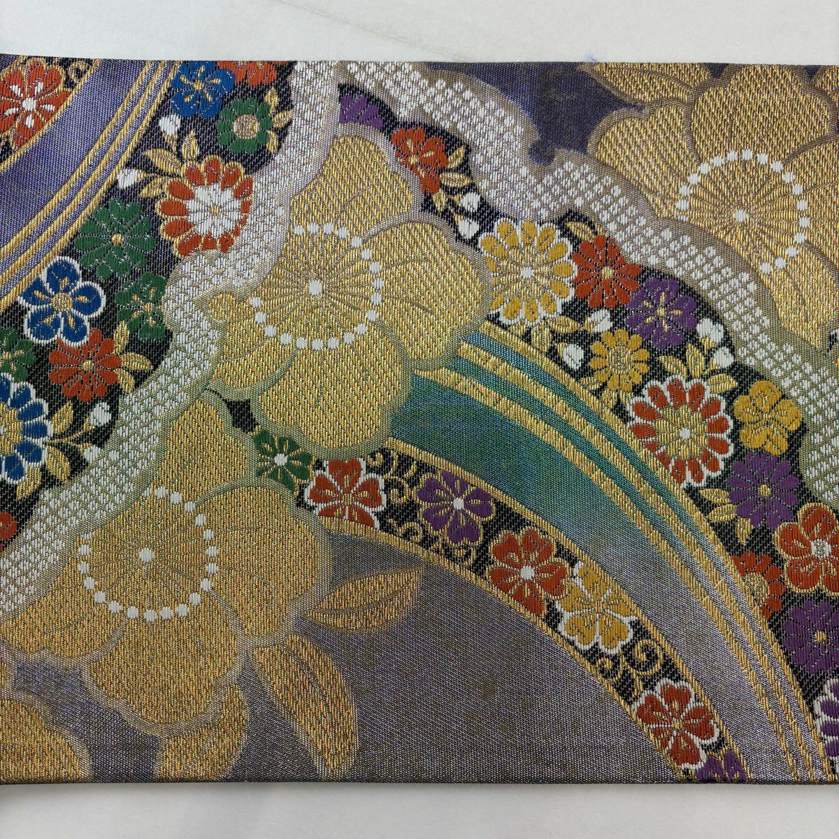 【美品】 袋帶 秀品級櫻花菊花金絲金金箔紫六通純蠶絲