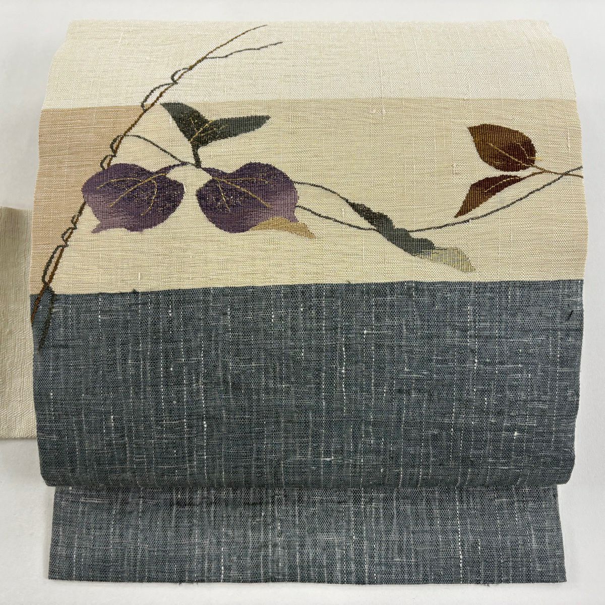 【美品】名古屋帶 秀品級 葉紋 金絲 奶油色 純蠶絲