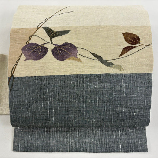 【美品】名古屋帶 秀品級 葉紋 金絲 奶油色 純蠶絲
