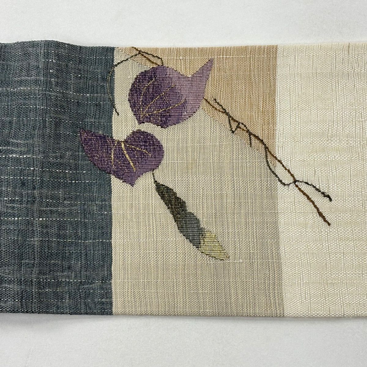 【美品】名古屋帶 秀品級 葉紋 金絲 奶油色 純蠶絲