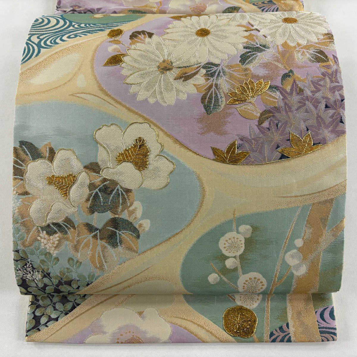 【美品】 袋帶 秀品級 菊花 流水 金銀絲 金銀彩 米色 大鼓圖案 純蠶絲